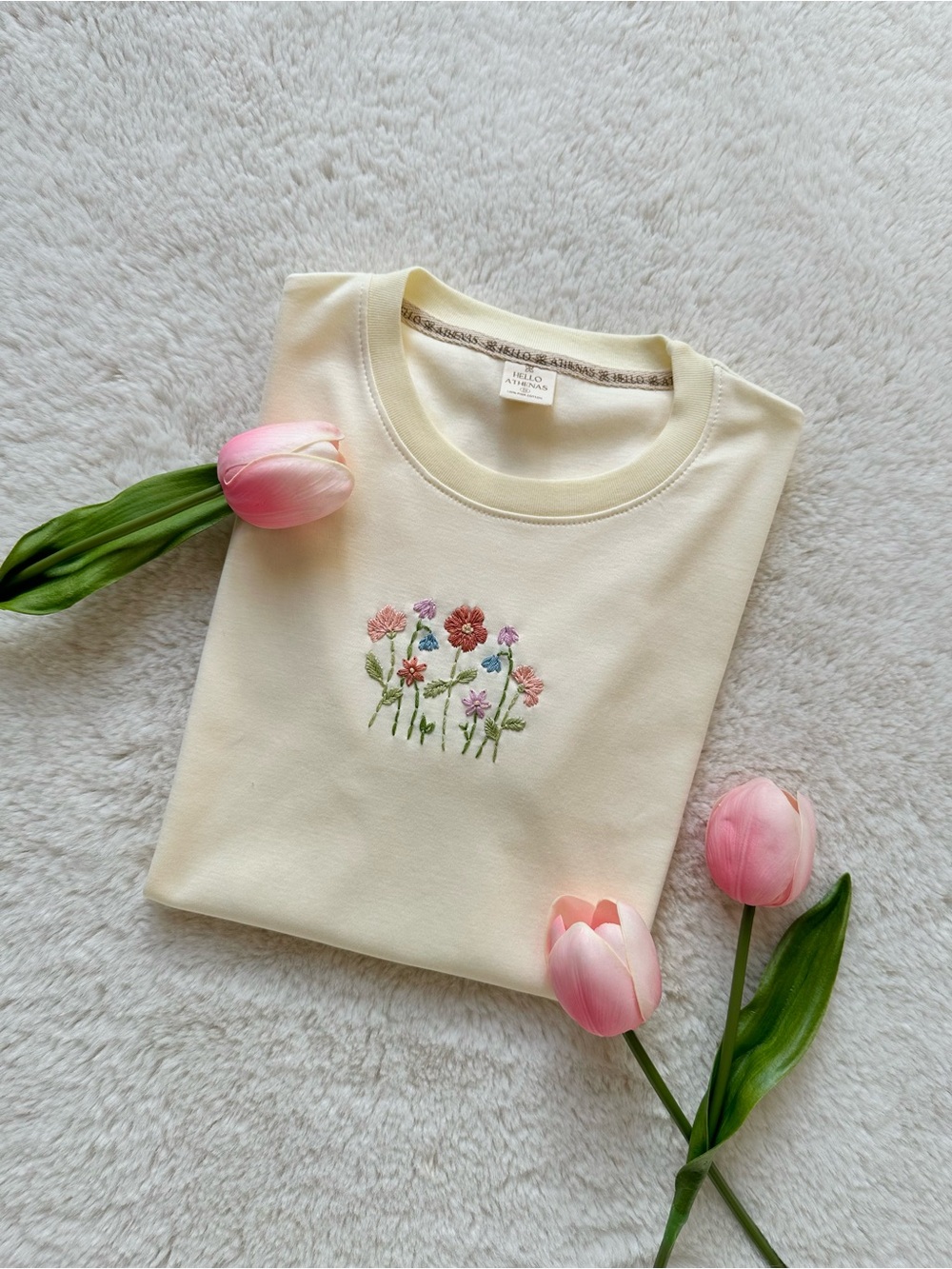 Hello Athenas Women’s Hand Embroidered Pima Cotton Tee Short Sleeve Yellow